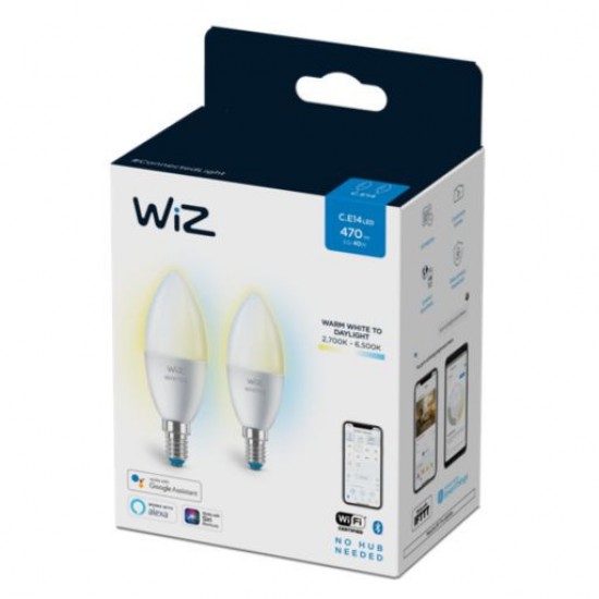 Pack 2 Lâmpadas LED Smart WiFi + Bluetooth E14 C37 CCT Regulável WIZ 4.9W